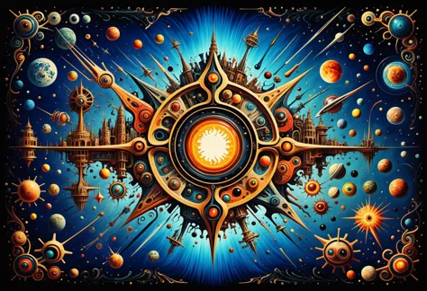 a painting of a star with many planets and a clock