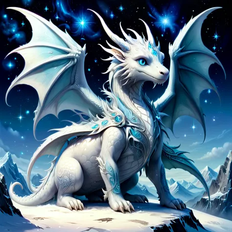 dgbrth1, A majestic dragon with large expressive eyes and detailed big scales, adorned with filigree, 2 wings, 2 arms, 2 legs, long tail, perched atop a mystical mountain peak under a starry night sky Mystical Glacier dragon, Icy blues, Sky Blue, Powder Blue, Whites, Pearl, Snow, Silvers and light greys for a metallic sheen, Accents of pale violet for a touch of magical presence,dgbrth1, A majestic dragon with large expressive eyes and detailed big scales, adorned with filigree, 2 wings, 2 arms, 2 legs, long tail, perched atop a mystical mountain peak under a starry night sky Mystical Glacier dragon, Icy blues, Sky Blue, Powder Blue, Whites, Pearl, Snow, Silvers and light greys for a metallic sheen, Accents of pale violet for a touch of magical presence