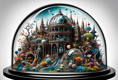 Hyper-maximalist, extremely intricate, chaotic, abstract, bedlam, landscape, in a glass dome