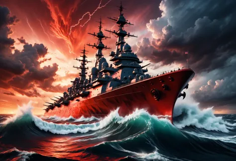 Hyper-maximalist, extremely intricate,  abstract, hell, red water, red sky, battleship, modern, storm clouds,  ocean waves