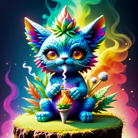 a colorful cat with a cup of coffee sitting on a stump