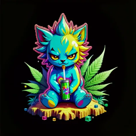 A visual style characterized by pixelated graphics, often reminiscent of retro video games, Pop art style with bold colors, comic book elements, and iconic imagery, miniature pixel puma sitting on a magnified cannabis flower smoking a tiny joint, rainbow extravagance 2d, bold colors, comic book elements, iconic imagery, vibrant, energetic, dynamic, graphic, modern, pixel art, retro, nostalgic, iconic, low resolution,miniature pixel puma sitting on a magnified cannabis flower smoking a tiny joint, rainbow extravagance 2d