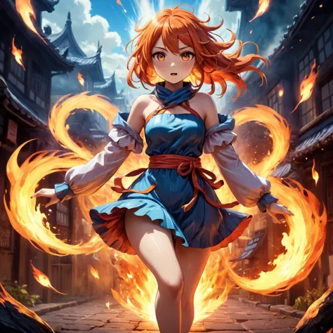 a woman in a blue dress is walking through a fire