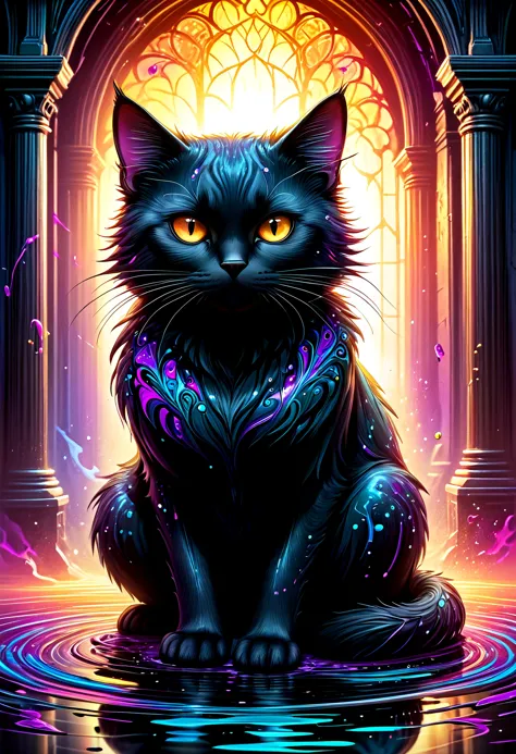 a black cat sitting in front of a stained window with a glowing light