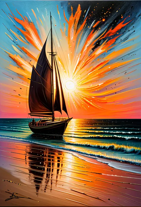 sparkles, Impressionist oil painting on an old canvas, sunset on the beach , yatch on the sea, energetic strokes, black and bron...