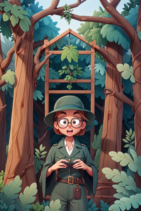 a cartoon boy in a hat and glasses standing in a forest