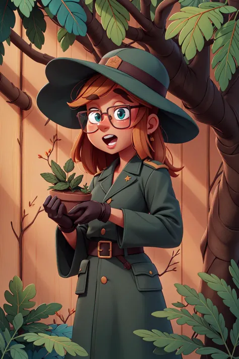 a cartoon girl in a hat and glasses holding a plant