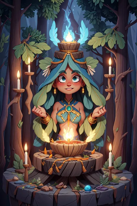 a cartoon illustration of a woman in a forest with candles