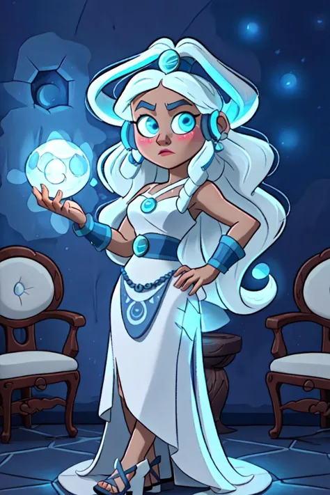 a cartoon image of a woman in a white dress holding a crystal ball