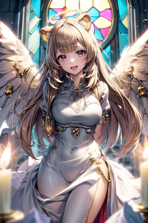 (masterpiece, best quality, detailed), 1girl, solo, looking at viewer, raphtalia, raccoon tail,
blessedtech, blessed, aura, medieval, angel, feathered wings, halo, white dress, indoors, church, stained glass, window, candle, arms behind back, smile, open mouth