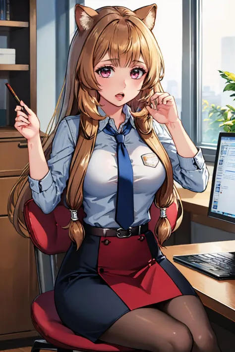 (masterpiece, best quality:1.2), solo, 1girl, raphtalia, expressionless, open mouth, looking at viewer, sitting, office chair, f...