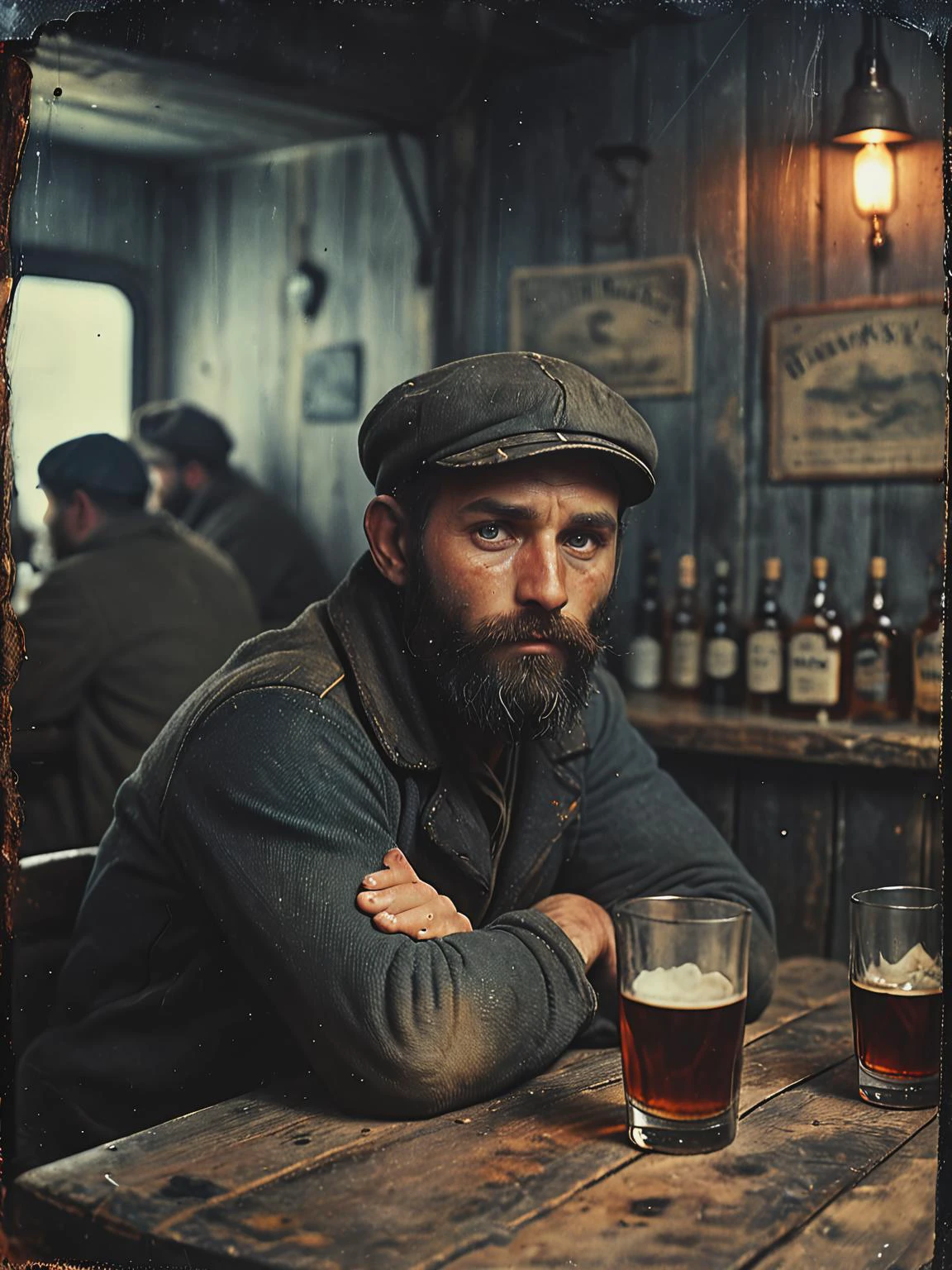 Foto antigua de 35 mm de, un retrato de un marinero con una rugosa, barba gruesa, capturando una expresión ligeramente desconcertada, él está sentado en la mesa junto a él hay una botella de whisky, La atención se centra en sus expresiones faciales y los detalles sutiles como la textura de su barba y el brillo de sus ojos., acogedor, atmósfera gris pizarra, luz cinematográfica suave,    