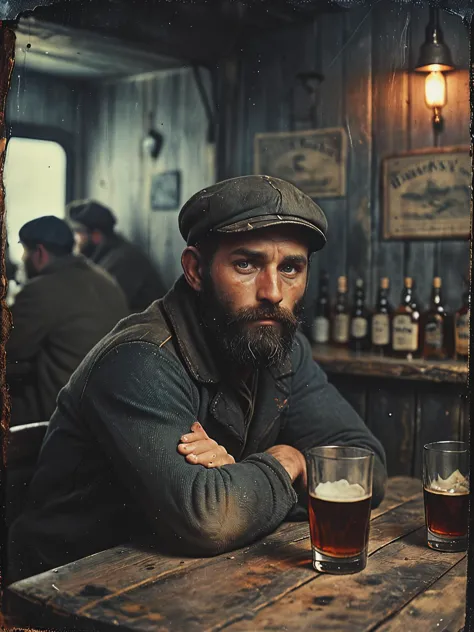 35mm Vintage photo of, a portrait of a seaman with a rugged, thick beard, capturing a slightly befuddled expression, he is sitting at the table next to him there is a bottle of whiskey, focus is on his facial expressions and the subtle details like the tex...