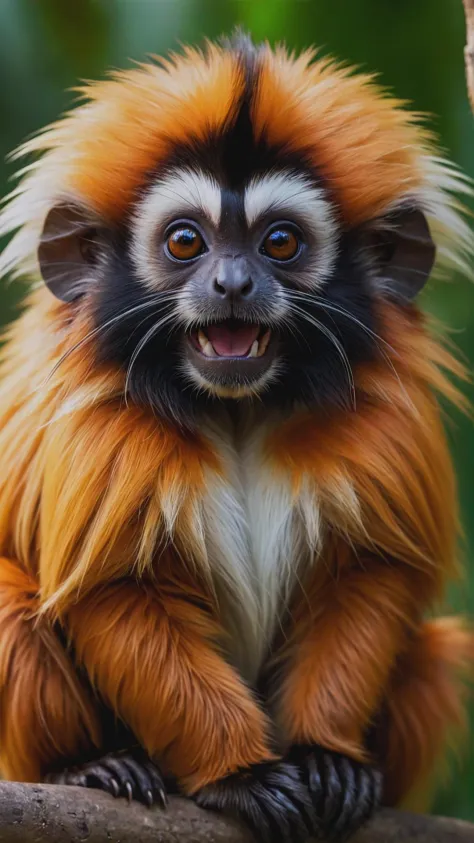 RAW, Macro, Concept art, huge, cute Tamarin monkey, long orange fur, funny, jungle paradise, depth of field,  (add more details:1.4), <lora:add-detail-xl:1>, The lighting should be warm and inviting, casting a gentle glow and highlighting the rich colors o...