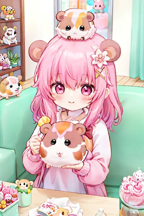 anime girl holding a stuffed animal in front of a table