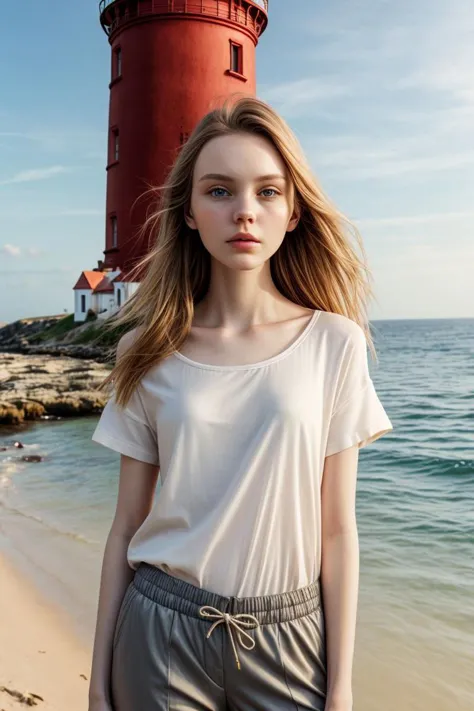 a woman standing on a beach next to a red lighthouse