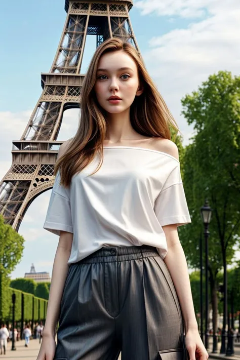 a woman standing in front of the eiffel tower in paris