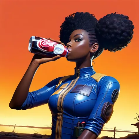 score_9, score_8_up, score_7_up,
fallout, vault uniform 69, 1girl, black woman, dark skin, solo, looking at viewer, hazel eyes, 2 afro puff pigtails ,bodysuit, science fiction, (((drinking a light emitting glowing blue nuka cola)), backround wasteland, orange sky, destroyed Ferris on a destroyed pier next to the beach, OverallDetail