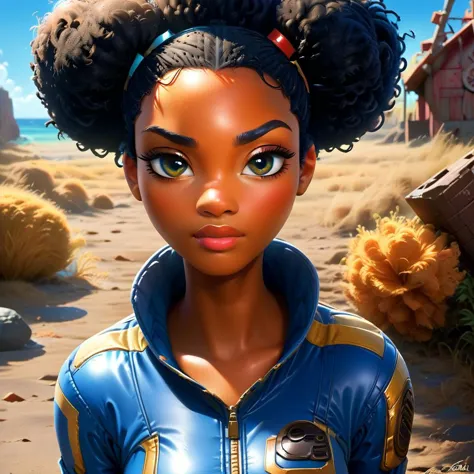 score_9, score_8_up, score_7_up,
fallout, vault uniform 69, 1girl, black woman, dark skin, solo, looking at viewer, hazel eyes, ...