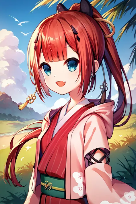 a woman with red hair and blue eyes in a red kimono