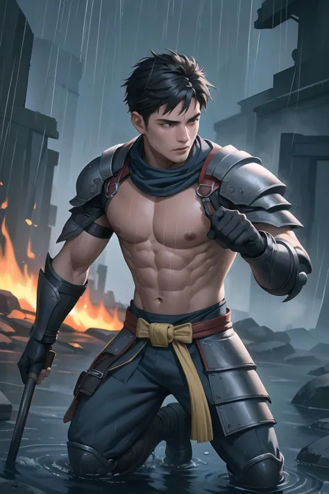 best quality,dynamic_angle,cinematic_angle,dynamic_pose,highly detailed face and skin,male focus,30 yo asian man,character with details,accessories,armored,holding a spear,bare chest,abs,stocky,sweat,wet,full_body, look at viewer,background is ancient battleground, some dead bodies were scattered everywhere, bone of man in floor, mist, fire, smoke, rain,