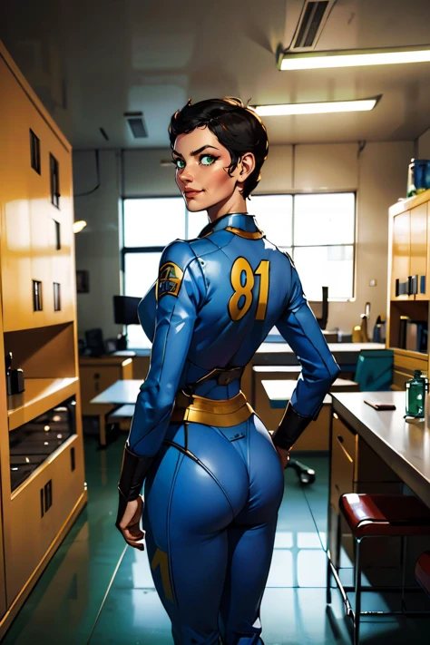 curie, short black hair, green eyes, blue jumpsuit, vault suit, 81, looking at viewer, serious, smirk, standing, inside laboratory, table, hand on hip, from_behind, high quality, masterpiece, 