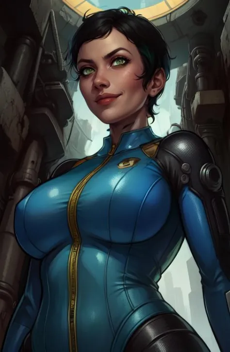 curie, short hair, black hair,  smile,  green eyes,  
blue bodysuit with yellow,  hips, cameltoe,   
 upper body,  from below,  
underground vault, clean, cyberpunk,    
(insanely detailed, masterpiece, best quality),  <lora:curie:0.8>