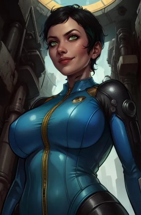 curie, short hair, black hair,  smile,  green eyes,  
blue bodysuit with yellow,  hips, cameltoe,   
 upper body,  from below,  
underground vault, clean, cyberpunk,    
(insanely detailed, masterpiece, best quality),  