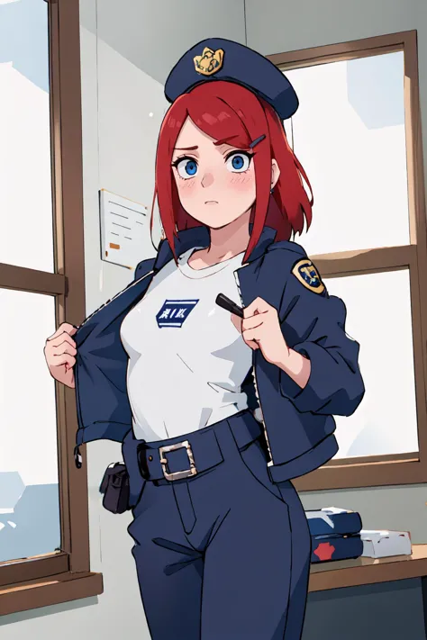 masterpiece, best quality, ultra detailed, highly detailed, detailed background, 1girl, uzumaki kushina, red hair, hair clip, blue eyes, eyeliner, (detailed eyes:1.3), solo, medium breasts, shirt under the jacket, white shirt, blue-color, open clothes, shirt, belt, pistol, pants, police station, hat, dynamic pose, office, window, blush, earrings, jewelry, <lora:Kushina:0.9>, <lora:Clothing - Sexy Police Officer:0.6>, <lora:Style_Masashi.Kishimoto_(Naruto):0.7>  <lora:GoodHands-vanilla:1>,   <lora:Function_Squeezer:0.6>