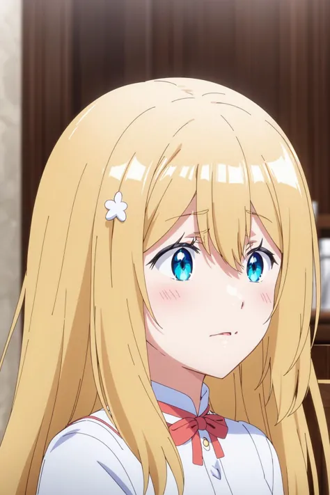 anime girl with long blonde hair and blue eyes staring at camera