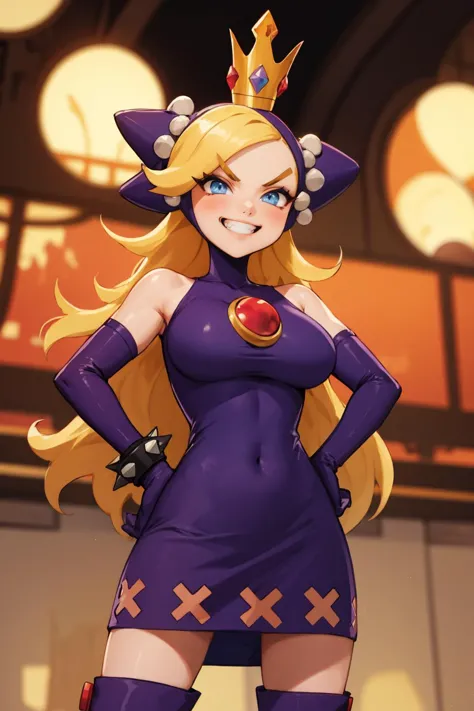 masterpiece, best quality, 1girl, wapeach, smug, grin, looking at viewer, hands on hips, crown, v-shaped eyebrows, purple dress,...
