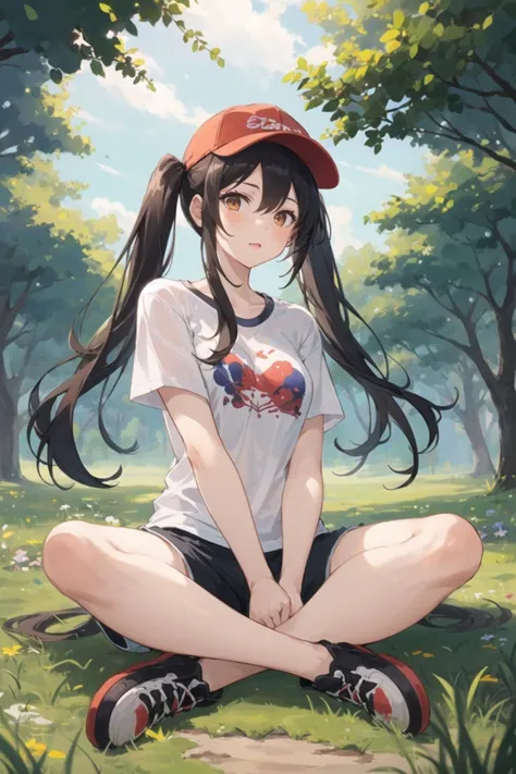 1girl, casual clothes, t-shirt, shorts, twintails, long hair, outdoors, indian style, full body, on ground, grass, sitting, cap