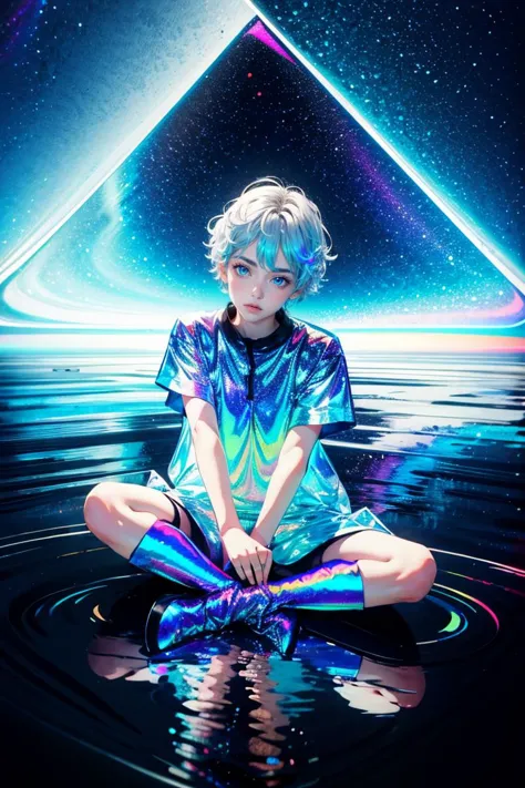 from above, girl with short black hair,  indian style, full body, on ground, grass, sitting, blue eyes, Tomboy, (solo:1.5)  <lora:Tomboy:0.6> <lora:add_detail:0.6>
<lora:holov7:0.6>, (iridescence, translucent, reflection silver:1.2), ((iridescence holographic Clothing:1.3)), flat colors, vivid colors