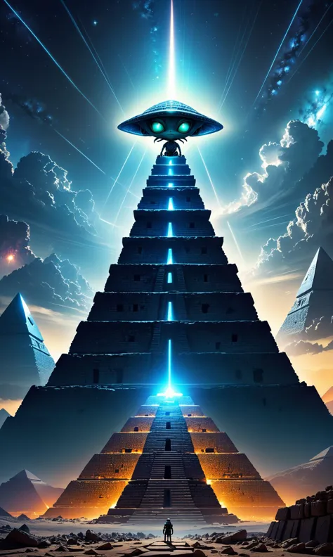 A photo of a giant alien perched atop an ancient pyramids, its eyes glowing with energy as it surveys the vastness and wonder be...