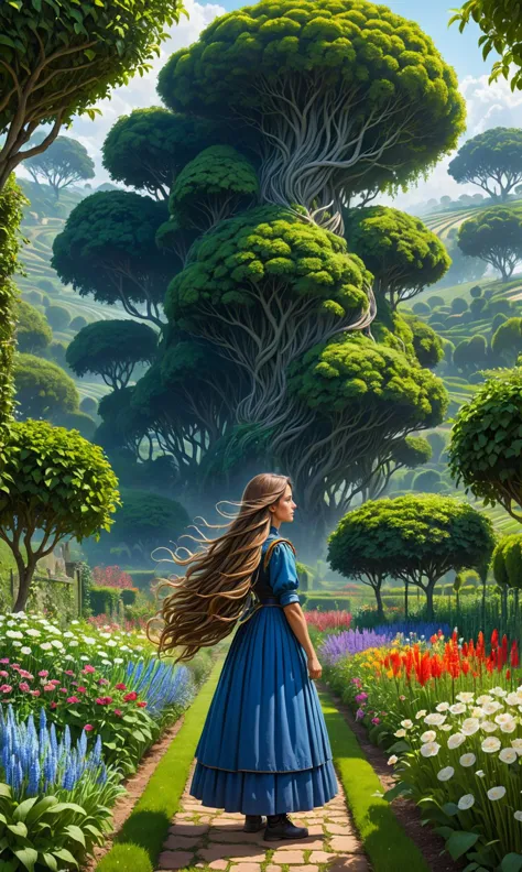 A photo of a contemplative gardener standing amidst the garden fields, her long hair cascading over trees with intensity. The sc...