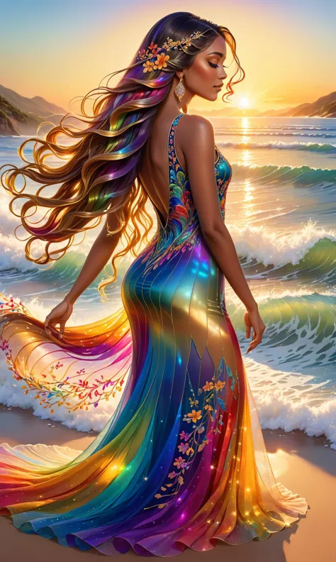Photo of a beautiful woman in an embroidered sheer dress that sparkles with every color of the rainbow, long flowing hair cascad...