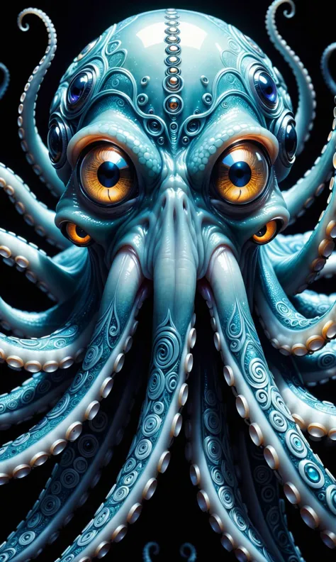 An overwhelmingly beautiful and majectic portrait of a cybernetic octopus, its eyes piercing through the darkness as it moves si...