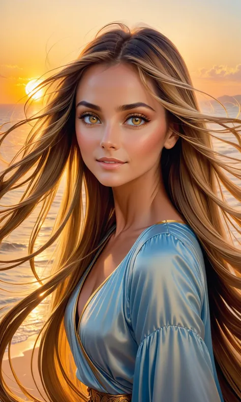 Photo of a beautiful woman with long, golden hair and flowing brown streaks in the sunset. Her eyes seem to be filled by allure from her life-affirming charm above it as she searches for happiness amidst chaos below..