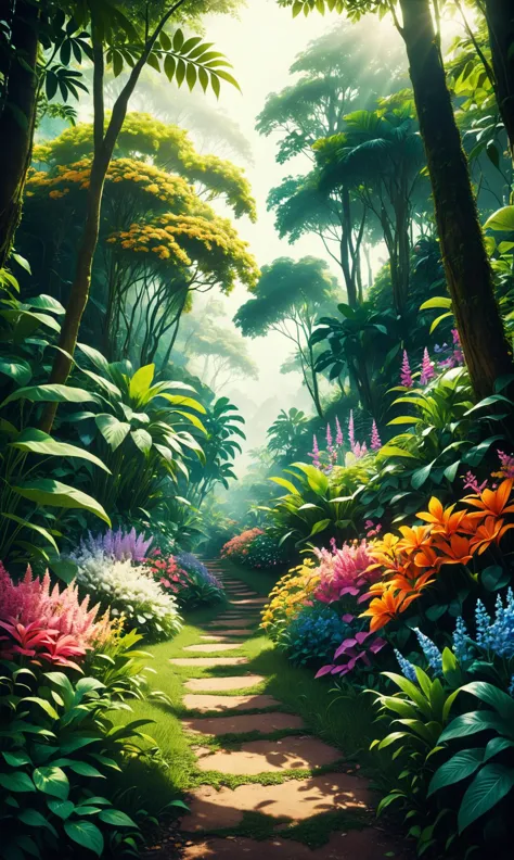 A film still of a lush garden full ole forest, adorned in flowers that sway gently like leaves. The scene is immersive and evoke...