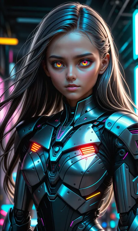 Concept art of a beautiful, highly detailed humanoid with long thin hair and glowing neon eyes. High-definition quality film gra...