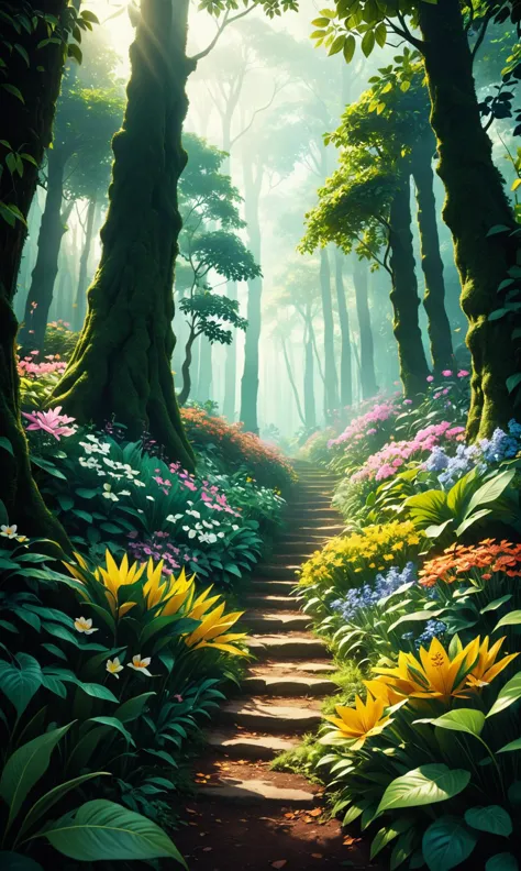 A film still of a lush garden full ole forest, adorned in flowers that sway gently like leaves. The scene is immersive and evoke...