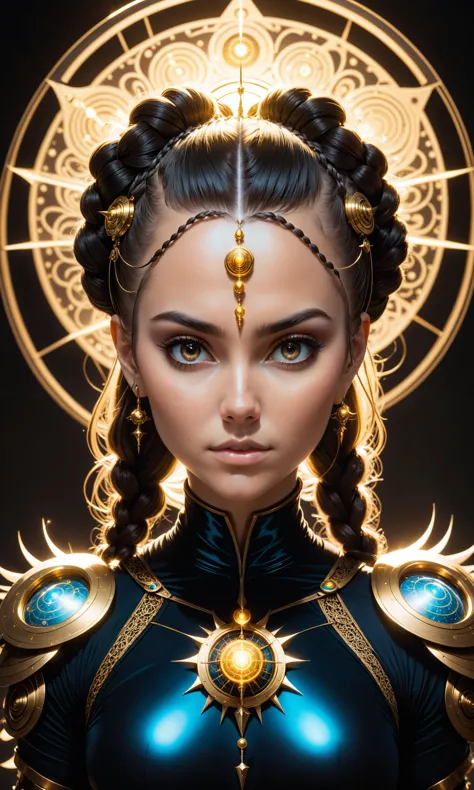 A wide shot of a beautiful woman's face looking into the camera, her hair is symmetrical and golden with intricate details. she ...