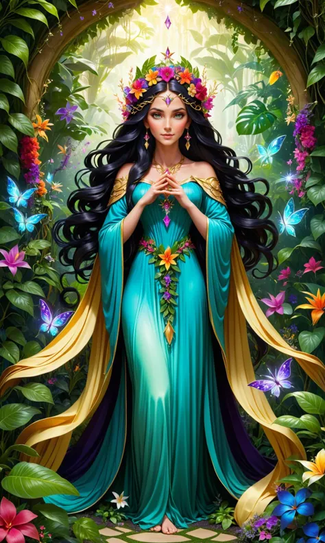 A beautiful blonde wiccan fairy goddess, adorned with intricate floral crowns and flowing robes, stands amidst a lush garden fil...