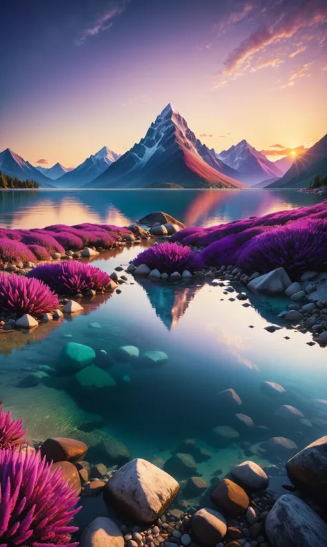 Award winning photography of an overwhelmingly beautiful magical landscape with purple mountains, crystal-clear waters, and a vi...