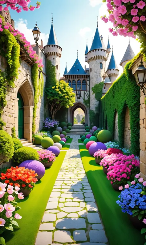 A beautiful medieval garden teeming with colorful blossoms and flowers, its winding cobblestone streets lined by ornate bocce li...