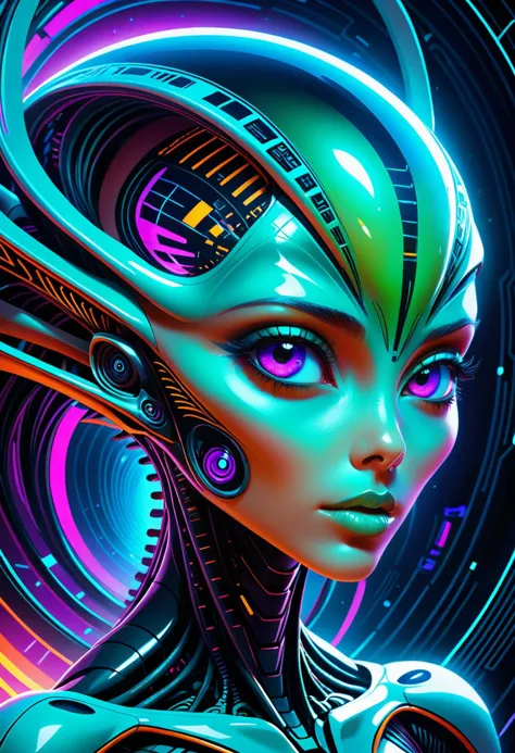 futuristic style A beautiful illustration of the mathematics of an alien, digital art, vivid colors, very detailed face, . sleek...