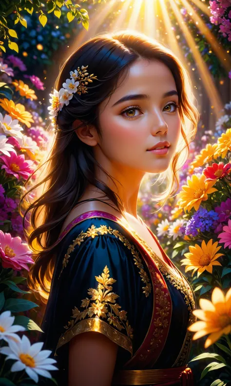 A masterpiece painting of a beautiful young woman that is full of color, surrounded by flowers. trending on artstation, featured...