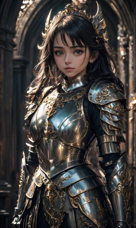 chef-d&#39;œuvre, Un magnifique film hyperdétaillé 8K HD réaliste d'une fille d'anime humaine réaliste portant une armure en acier avec des vêtements ornés et élégants qui sont magnifiquement découpés dans le visage. Éclairage dramatique, composition cinématographique, magique, fantaisie, rendu d&#39;octane, Station artistique, Deviantart, Pinterest, prise avec un appareil photo Polaroid Kodak 