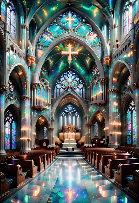 (symmetrical composition, masterpiece, detailed, 8k, hd, ultra detailed, ultra beautiful, highly detailed, ultimate perfection, super resolution, futuristic detail, triumphant, fantastic, amazing, dynamic, impossible fine glitering details) RAW photograph of the most harmonious cathedral interior constructed entirely of pure opal, distant perspective over church pews, ral-opal:1.5, volumetric lighting, splendor, opulent, aesthetic, small photo orbs, mist, a cloudy mist ripples across the entire floor