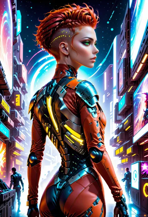 dynamic cyberpunk illustration, attraktive Person mit kybernetischen Implantaten, Stehen, Ganzer Schuss, von der Seite, verspielter Undercut mit roten Haaren, Sommersprossen, Detaillierte Augen, von der Seite, dynamische pose, mit einem Neon-Stillsuit bekleidet, Intensiver, selbstbewusster Ausdruck, Auf einem futuristischen Marktplatz, natürliche Haut, Mitternacht, sternenklarer Himmel, 